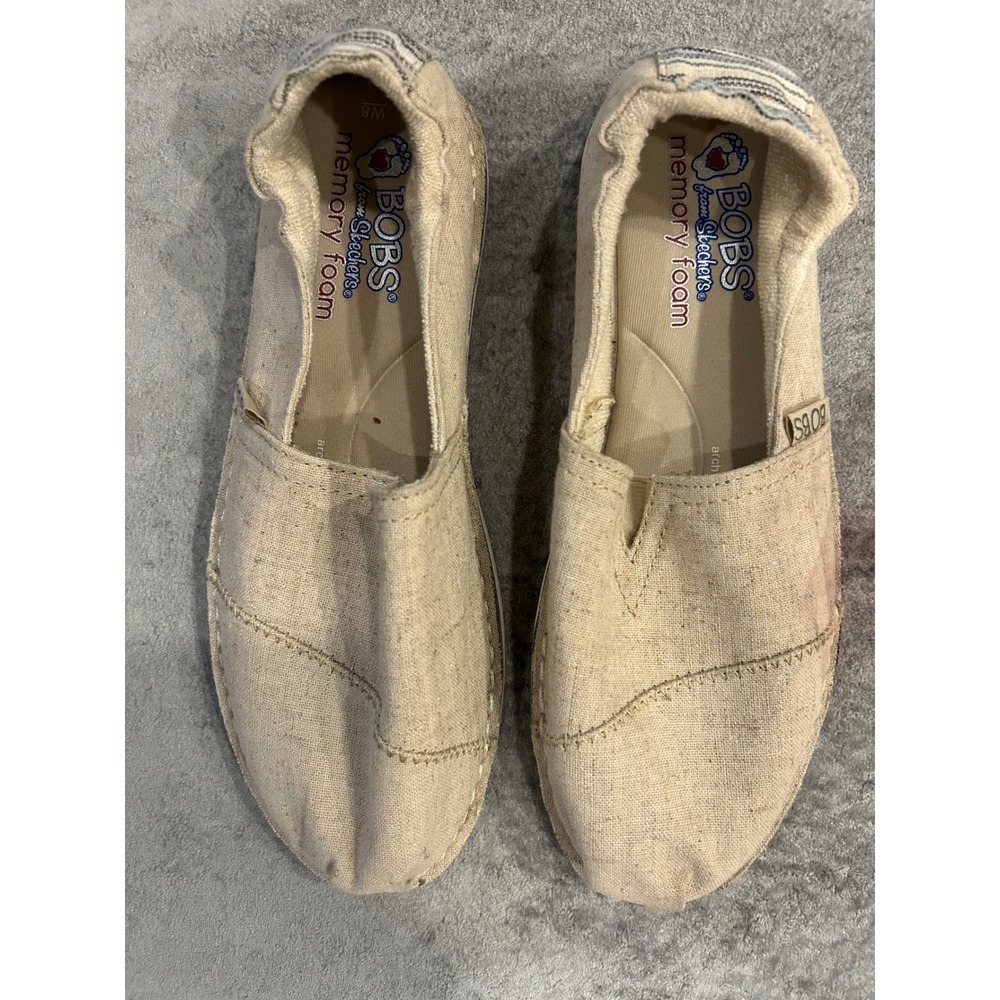 Skechers BOBS Women 8 Tan Canvas Slip On Memory Foam Flats Alpargata Shoes RS4